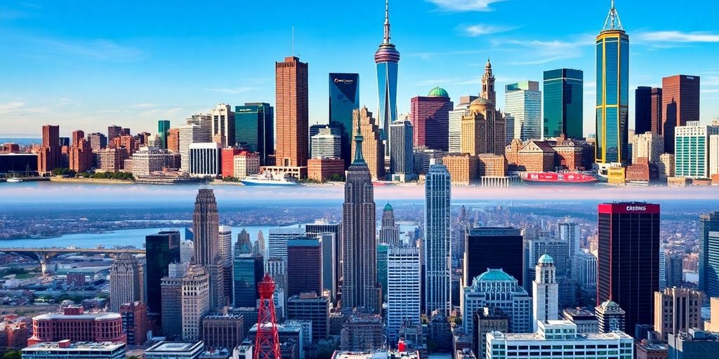 USA cities skyline montage with diverse architecture.