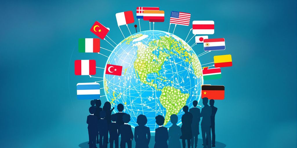 Globe and flags illustrating diverse translation services.