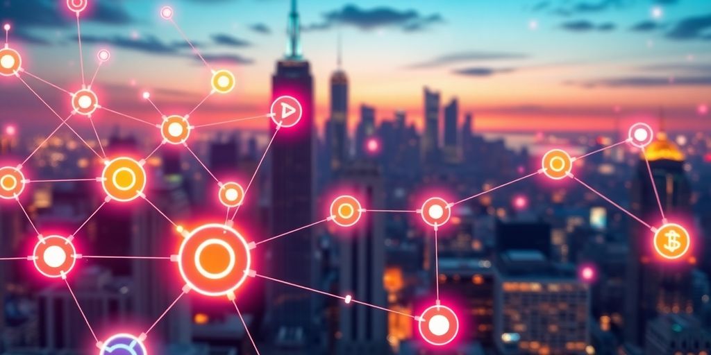 Illustrative blockchain nodes with a futuristic city skyline.