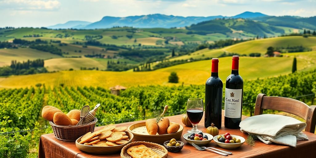 Toskanische Landschaft mit Essen und Wein auf dem Tisch.