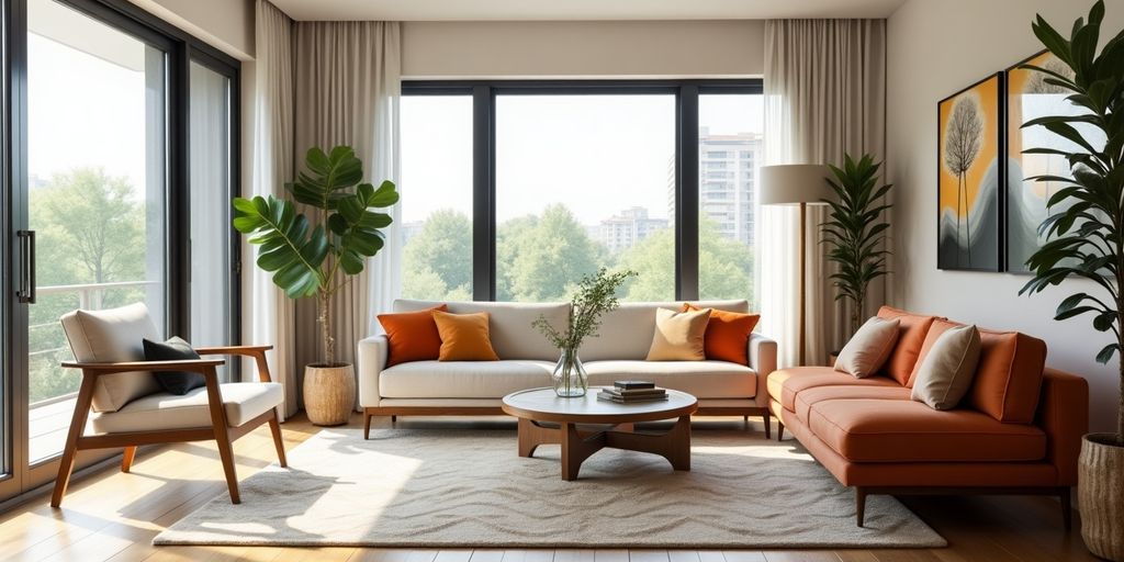 Renovated living room with modern furniture and decor.