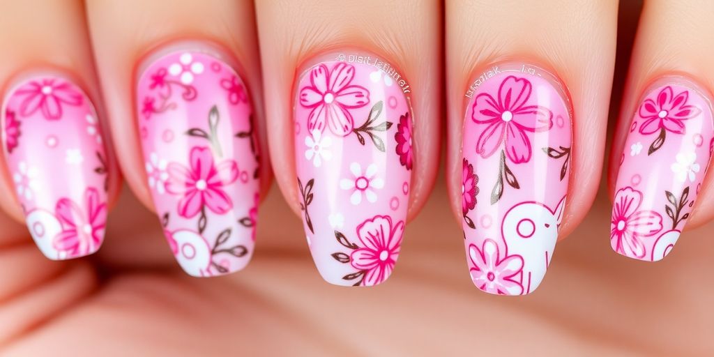 Unhas decoradas em rosa e branco.