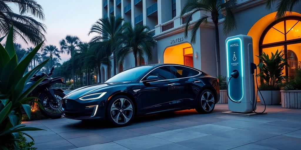 Electric car charging at luxury hotel entrance under evening lights.