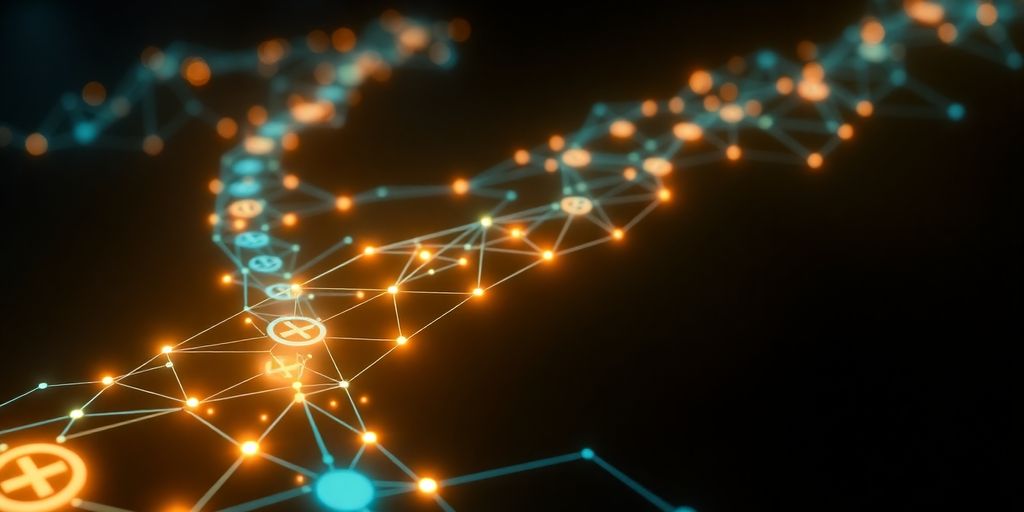 Digital pathway with glowing nodes and pharmaceutical symbols.