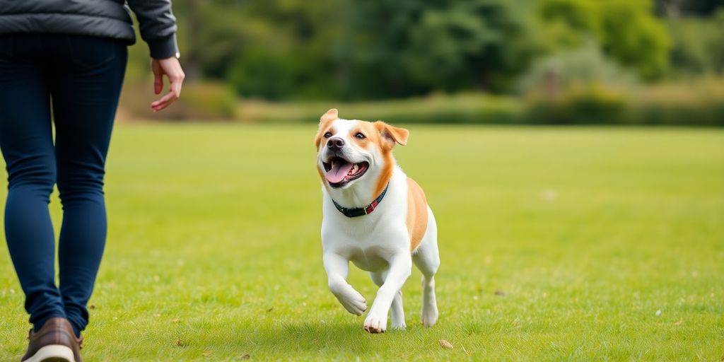 Dog happily running towards owner in a park.