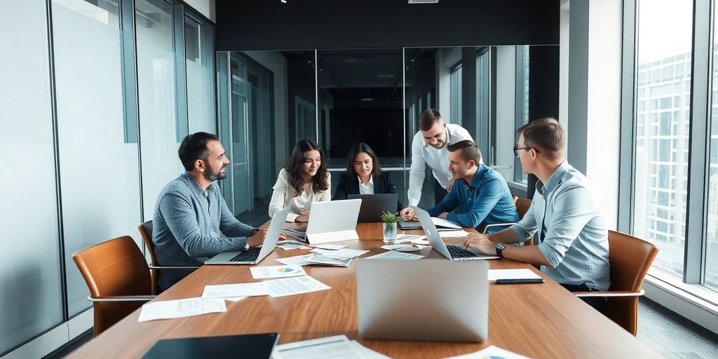 Diverse professionals collaborating in a modern office setting.