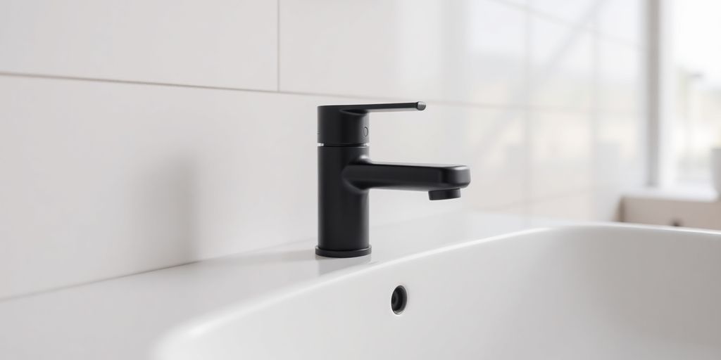 Matte black tap, modern bathroom sink, neutral wall tile.