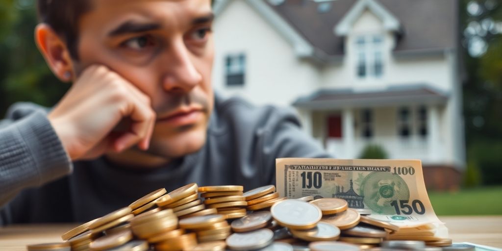 Persoon die nadenkt over geld met een huis op de achtergrond.