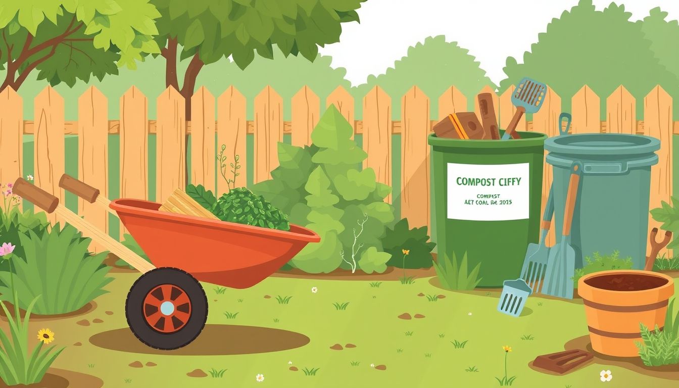Tidy garden with wheelbarrow and compost bin