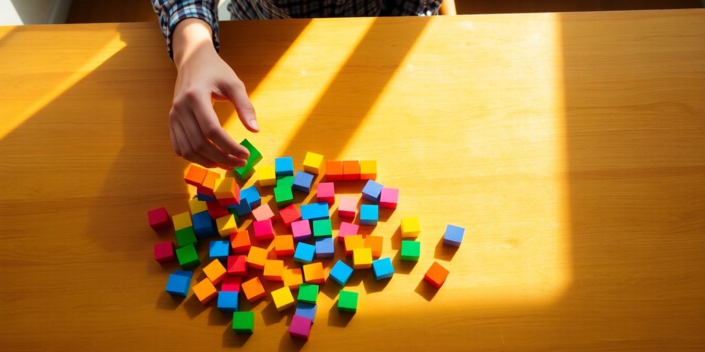 Person organizing colorful blocks on a desk