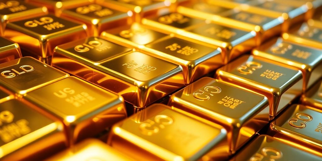 Barres d'or brillantes empilées, symbolisant la valeur.