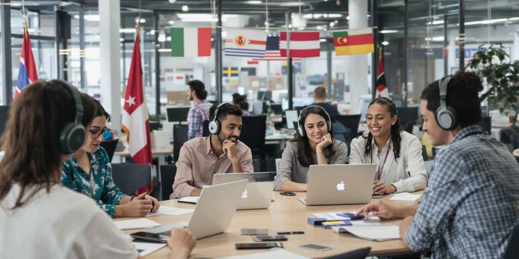 Diverse professionals collaborating in a modern office setting.