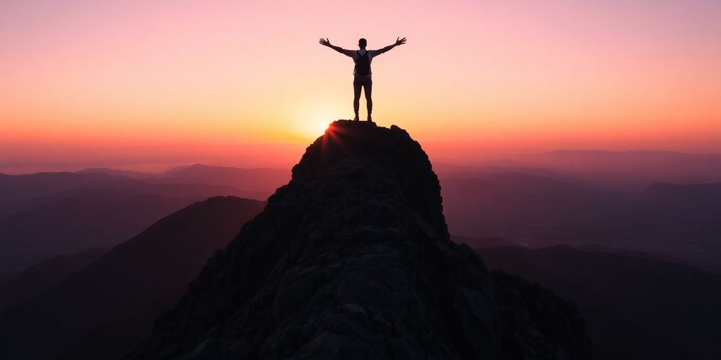 Person climbing mountain peak, clear sky, sunrise.