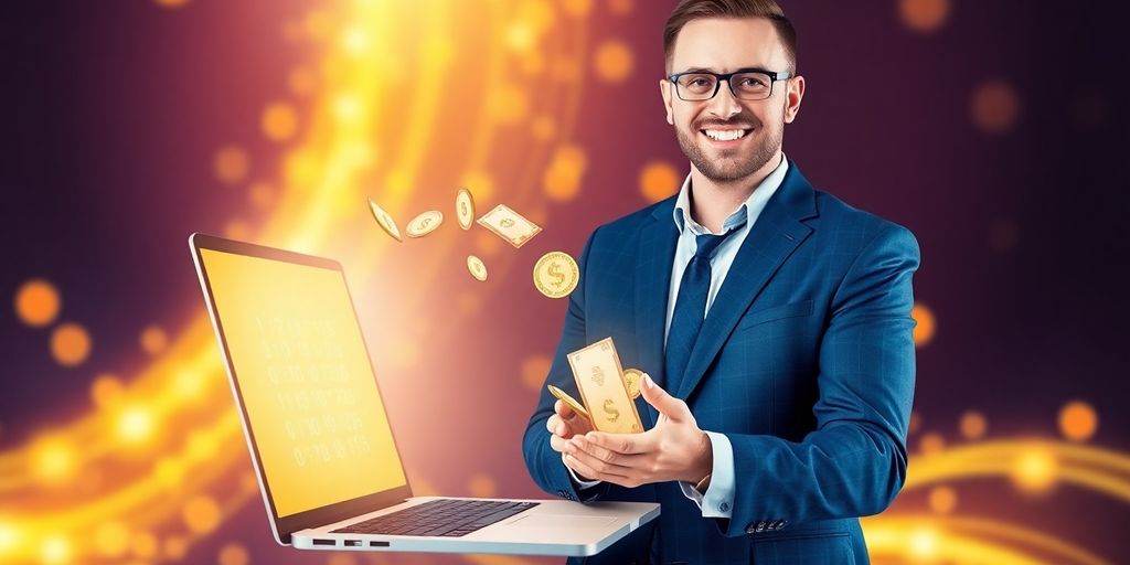 Businessman receives money from website