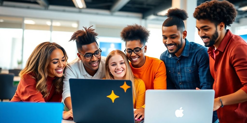 Diverse professionals collaborating on digital marketing strategies.