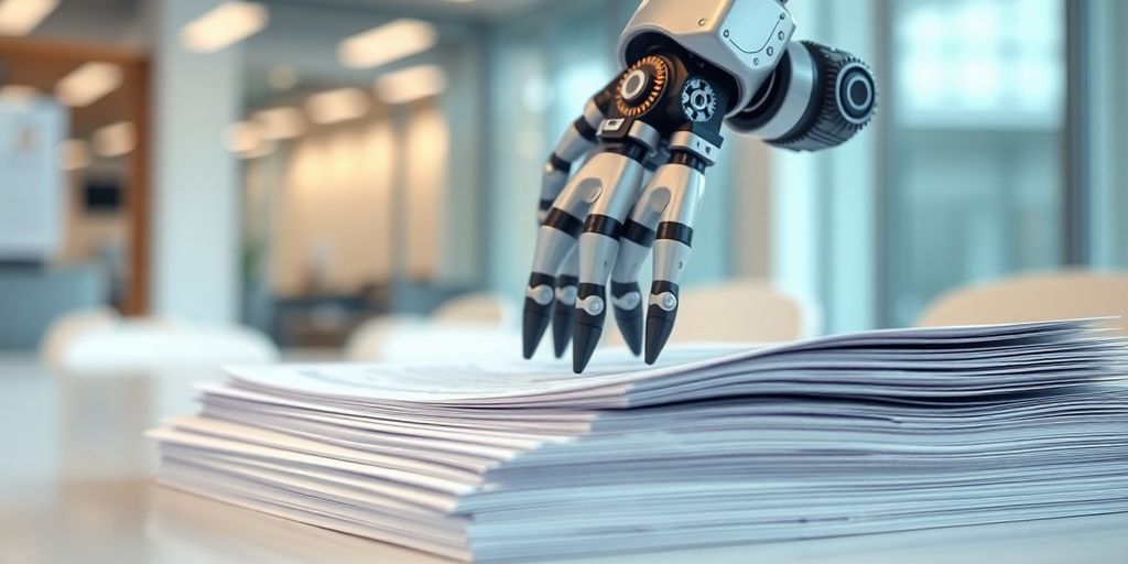Robot arms sorting job applications quickly.