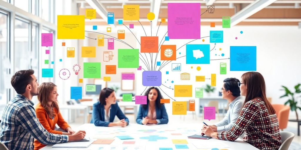 Colorful diagrams and concept maps illustrating design collaboration.