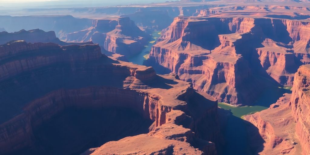 Helicopter flying over the vast floor of the Grand Canyon.