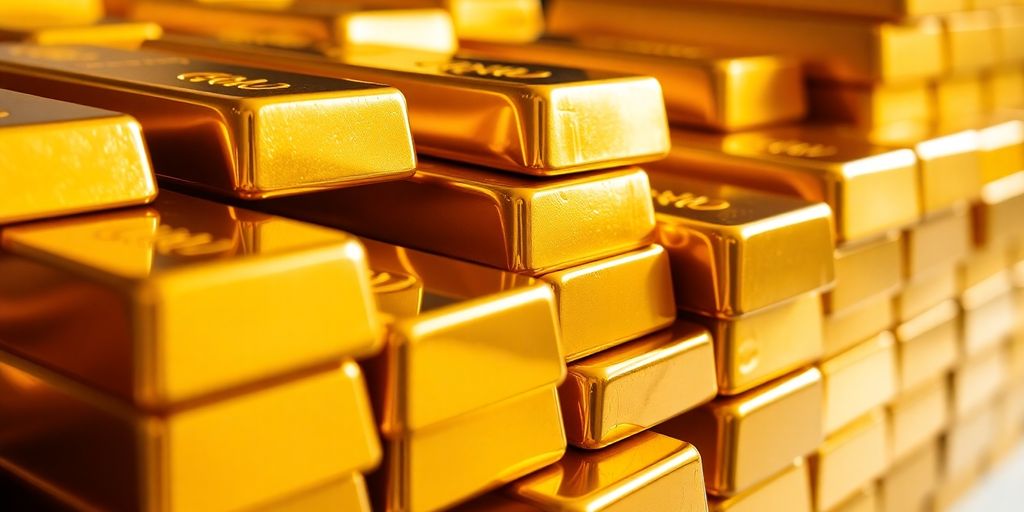 闪亮的金条堆放在中性背景上。