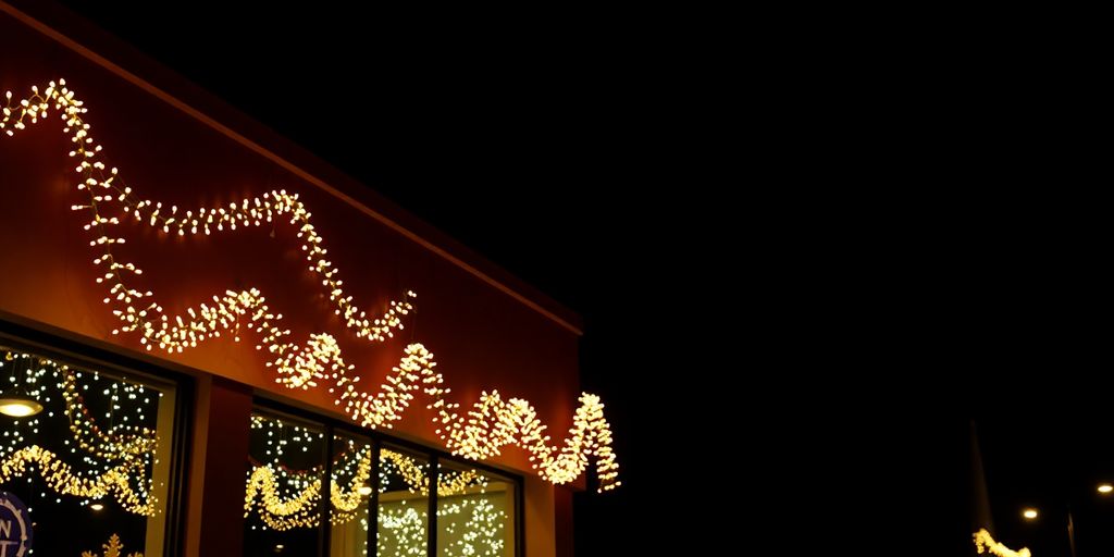Sparkling commercial Christmas lights illuminating a building at night.