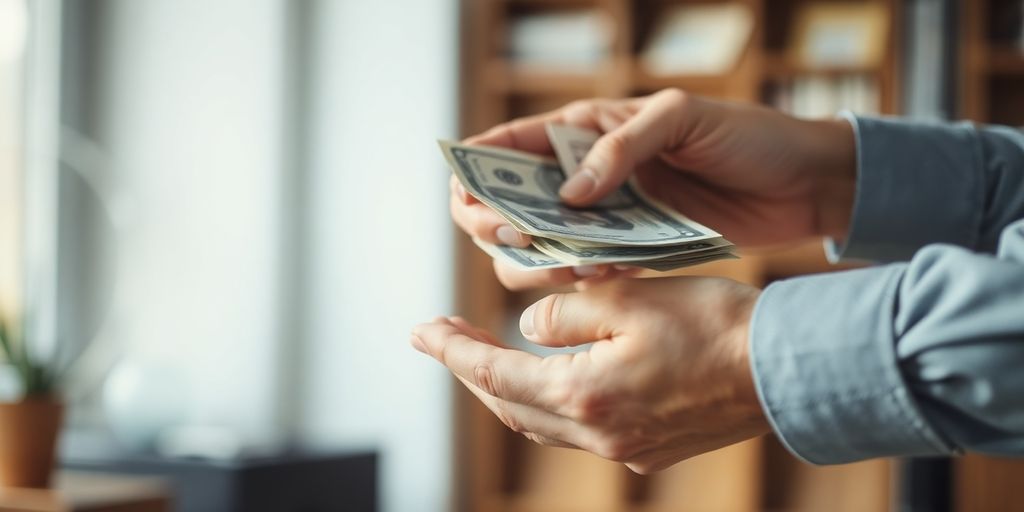 Two people, one handing cash to another.