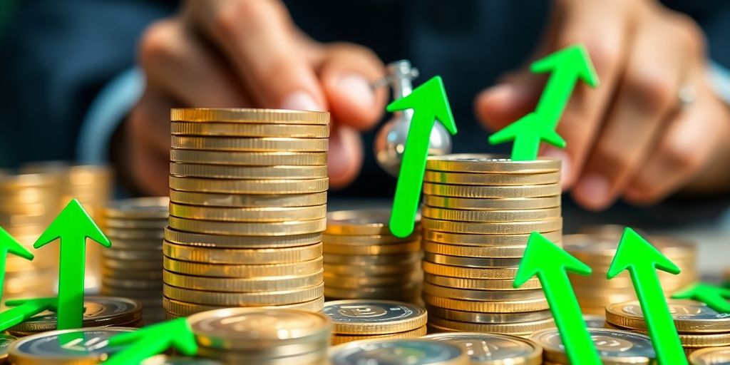 Monnaies, flèches, et mains manipulant des leviers financiers.