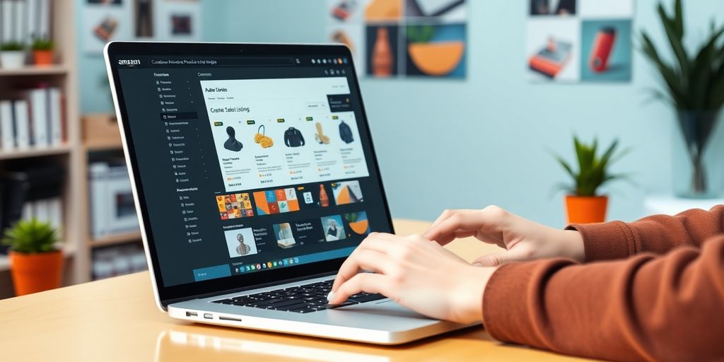 Person using laptop to create Amazon product listings.