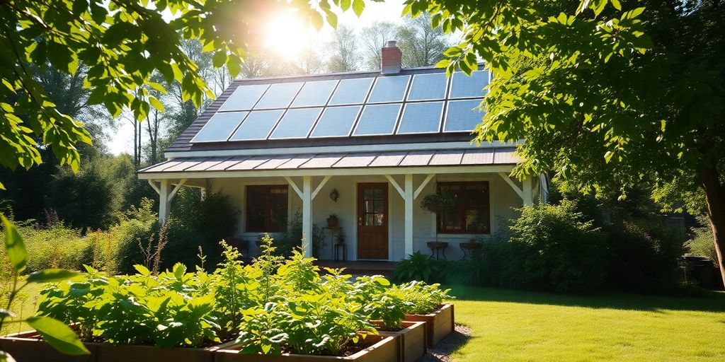 Duurzaam huis met zonnepanelen en een groentetuin.