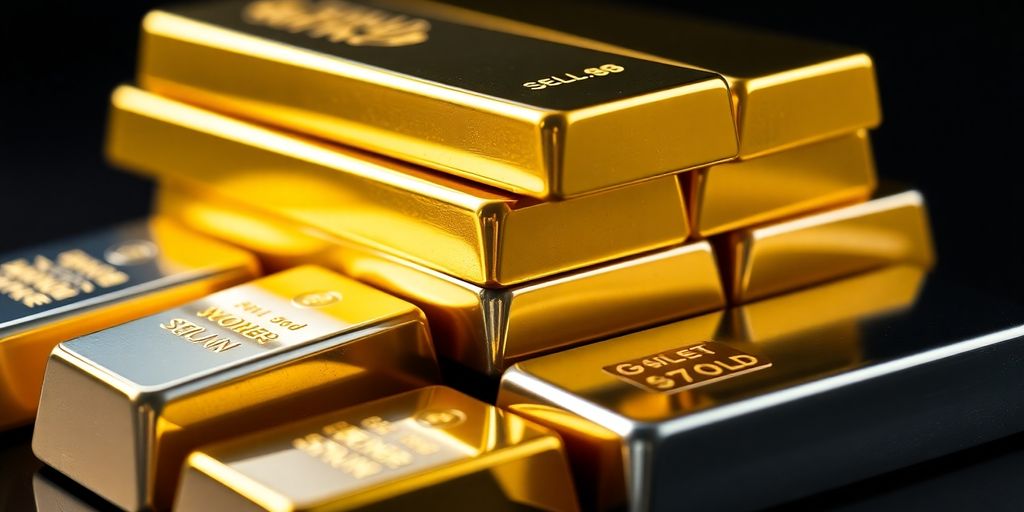 Des barres d'or et d'argent empilées sur un fond sombre.