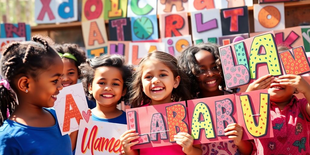 Children joyfully holding personalized name art prints.