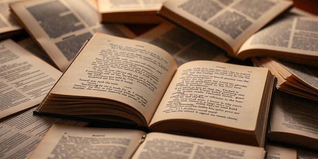 Open book with scattered pages and warm lighting.