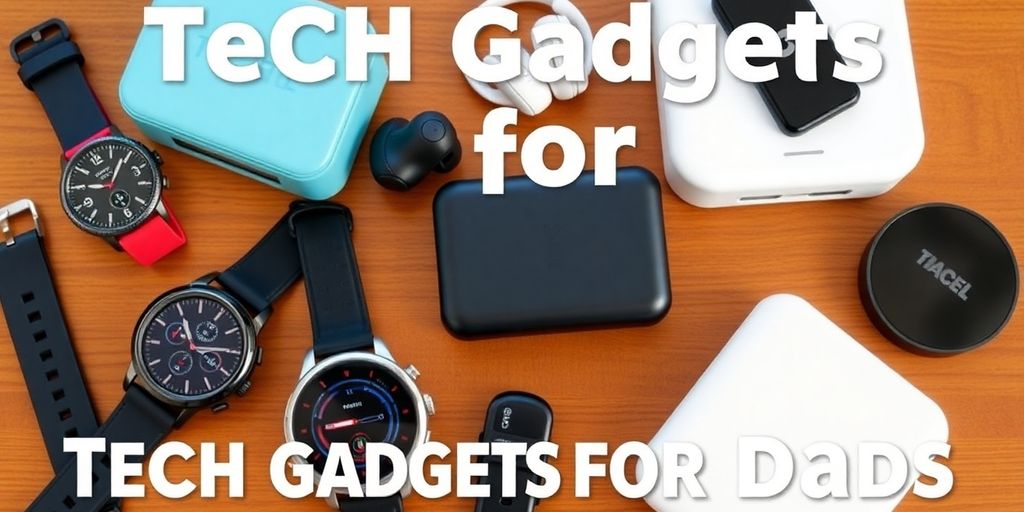 Stylish tech gadgets for fathers on a wooden table.