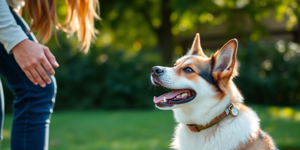 Happy dog obeying owner in a park.