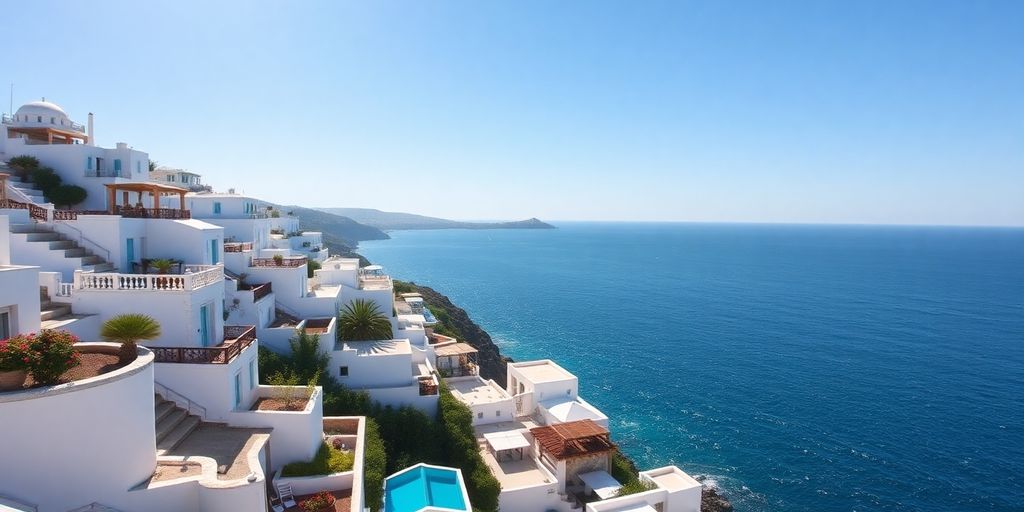 Azure waters meet white-washed buildings in a Greek island village.
