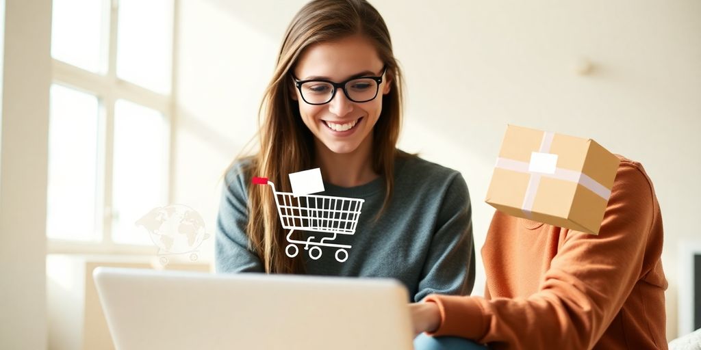 Teenager happily using a laptop, surrounded by online shopping icons.