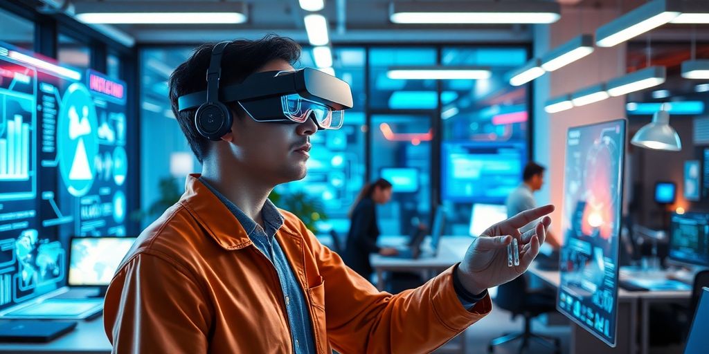 User with AR glasses interacting in a digital workspace.