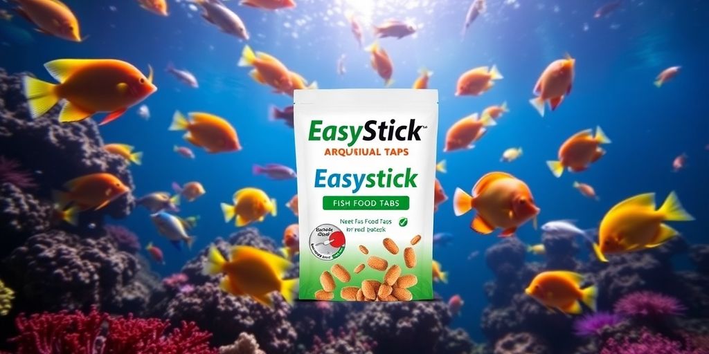 Colorful fish around EasyReefs fish food tabs in aquarium.