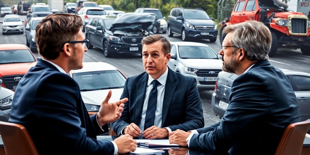 Lawyer consulting with clients about multi-vehicle accidents.
