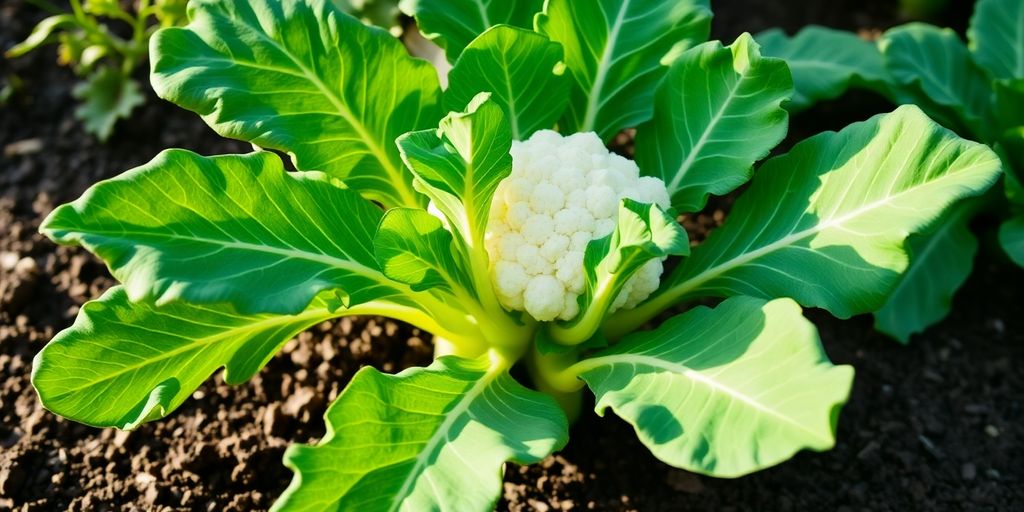 Gesunde Blumenkohlpflanze im Gartenbeet im Freien