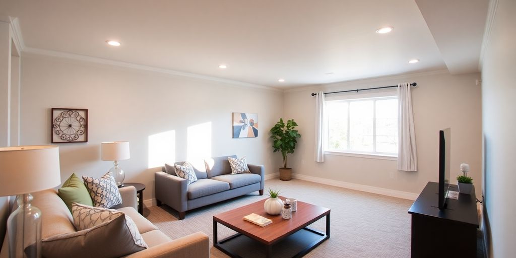 Bright, modern Milton basement living area.