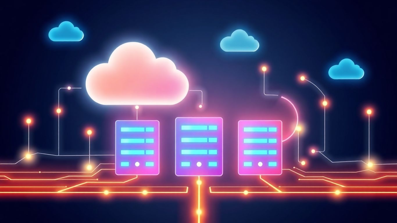 Infographic of cloud servers and digital network connections.