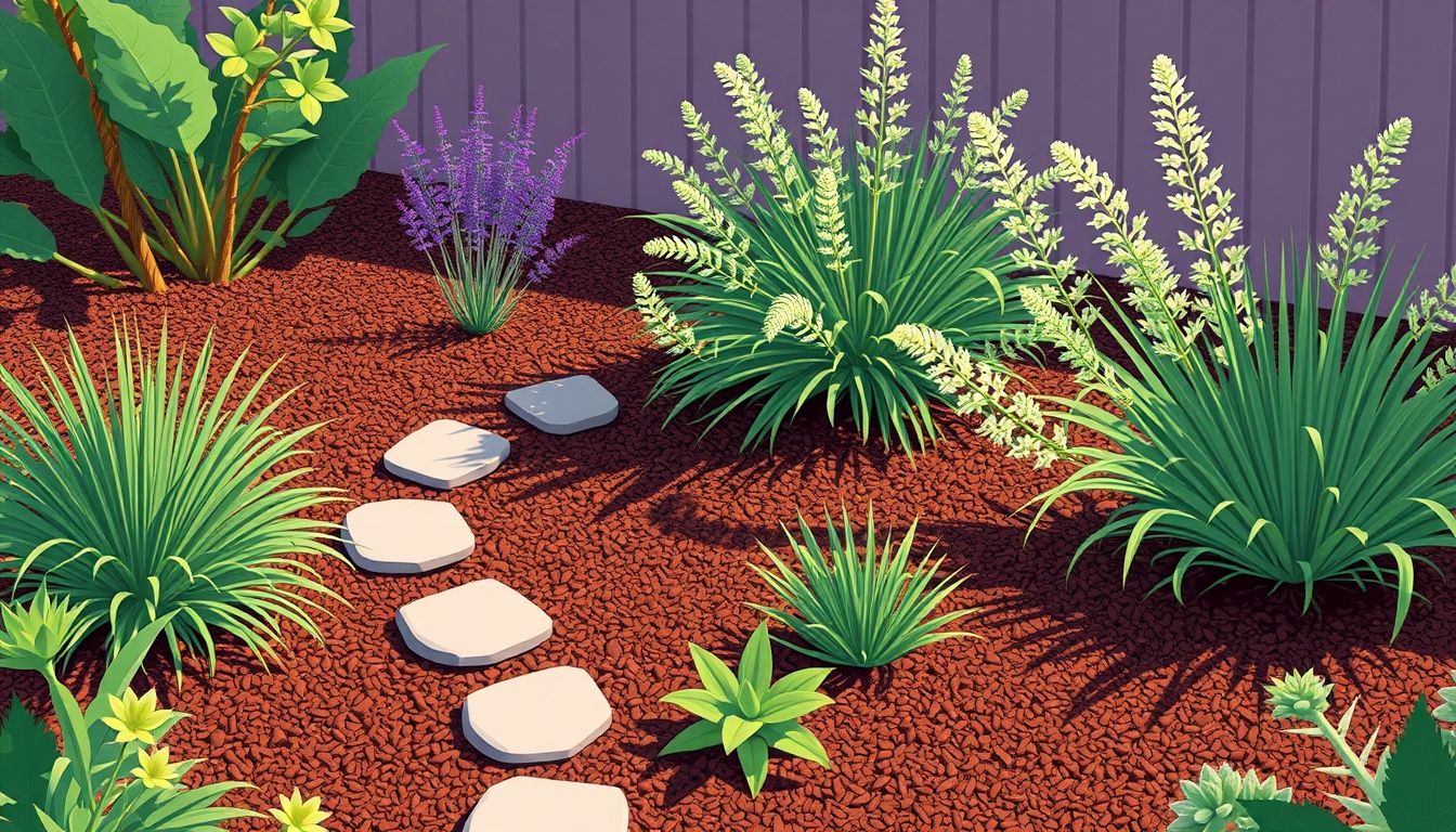 Illustrative low-maintenance garden with drought-resistant plants and stone pathway