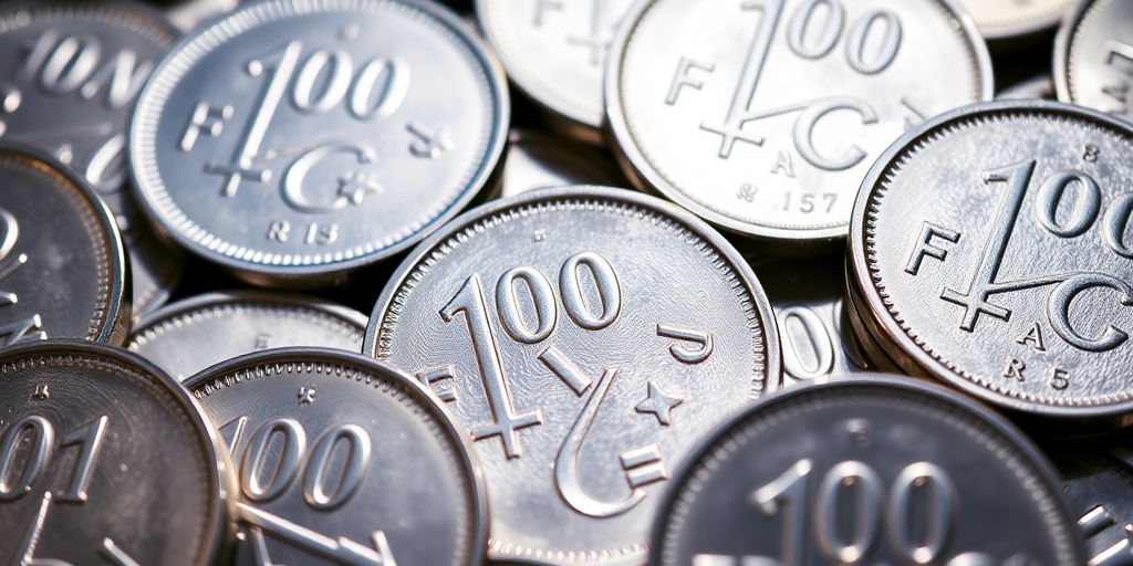 Pièces de 100 francs argent, certaines brillantes.