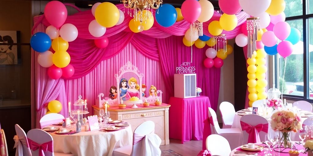 Disney Princess themed party decor with vibrant decorations.