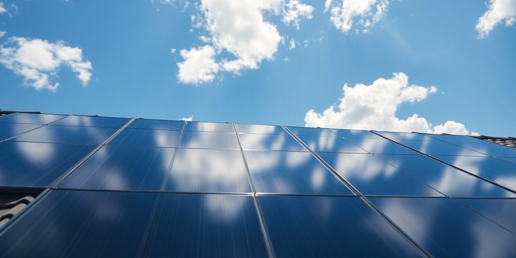 Rooftop solar panels, sunny day, clear sky.