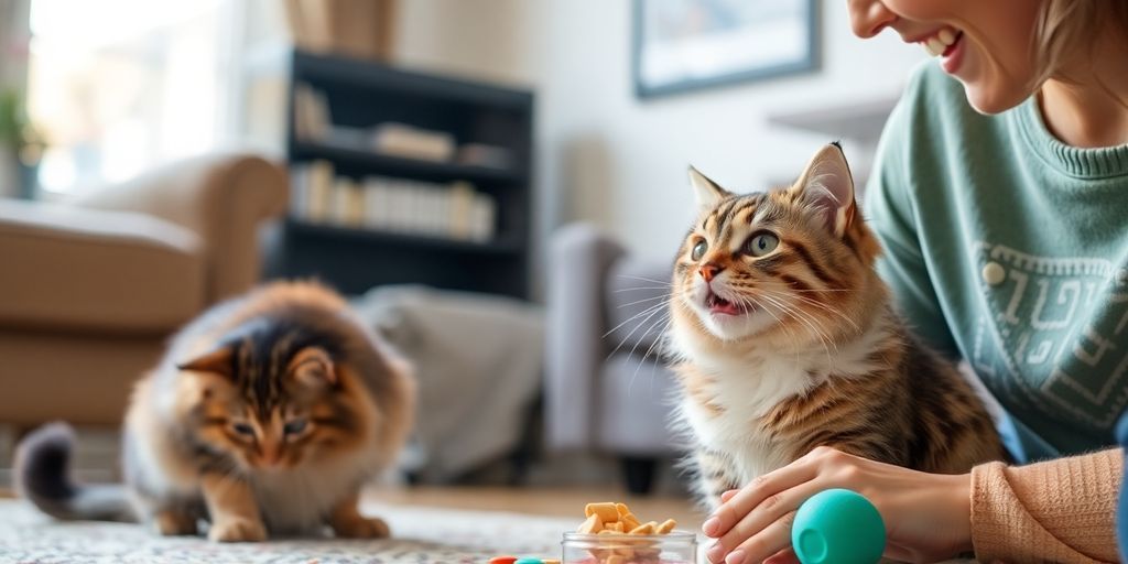 Adult cat being trained with treats and toys.