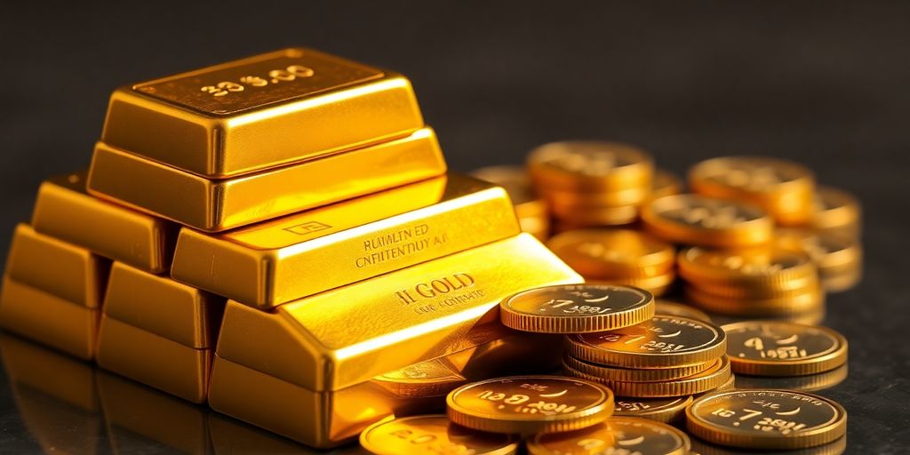 Lingots d'or et pièces de monnaie brillantes.