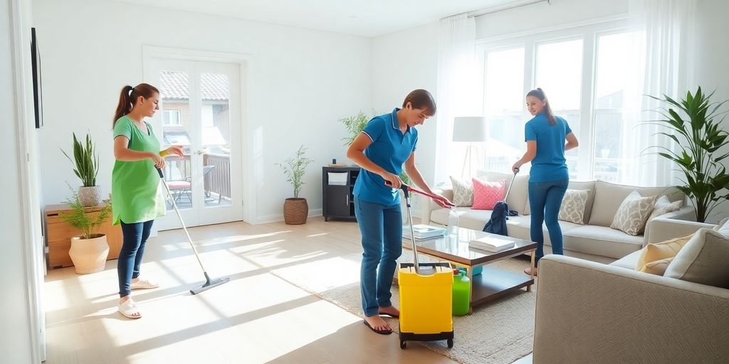 Professional cleaners in a spotless living room.