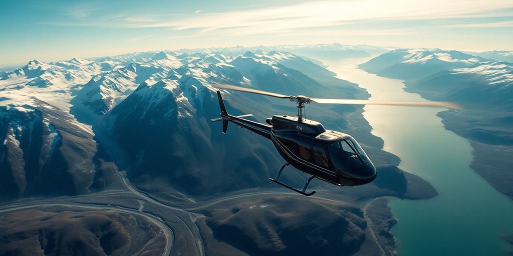 A red helicopter flying over vast Alaskan mountains and glaciers.