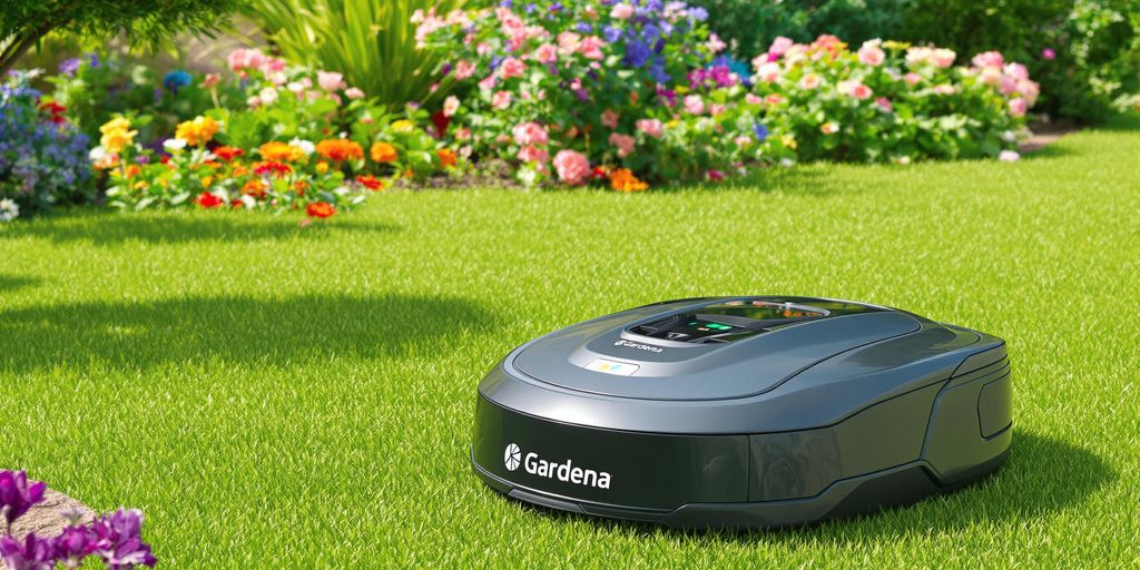 Gardena robotgräsklippare i en grön trädgård.